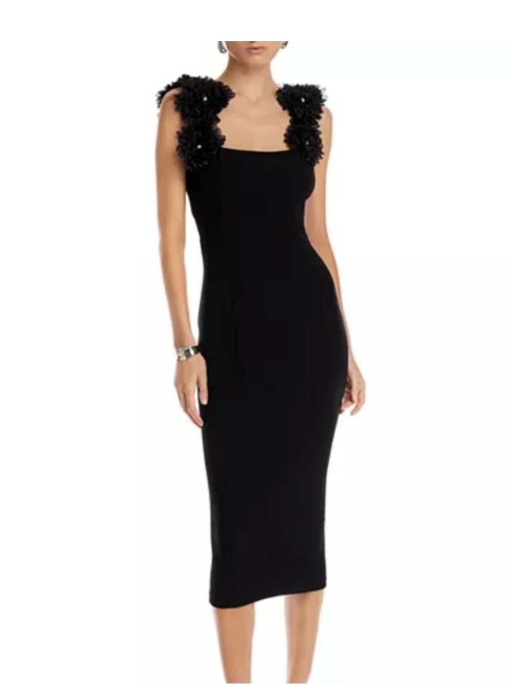 Elliatt Black Midi Dress with Floral Shoulder Detail